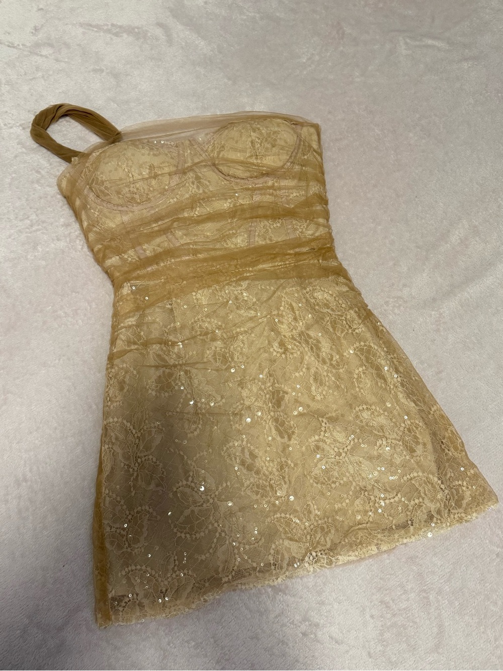 Beige Lace Sequin Strapless Mini Dress